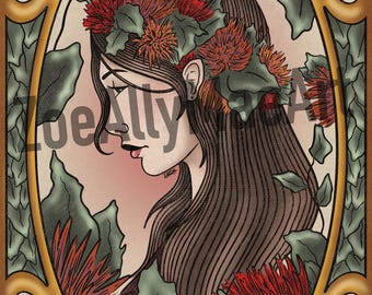 Póster digital hecho a mano de estilo Art Nouveau de otoño con impresión artística en papel antiguo