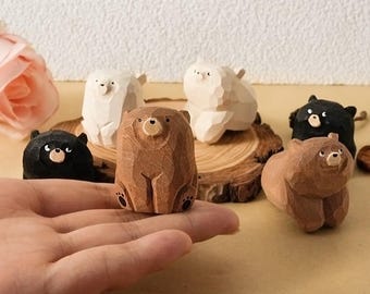 Handgesneden houten berensculptuur | Bureaubladdecoratie schattige beer | Houten dierensculptuur cadeau
