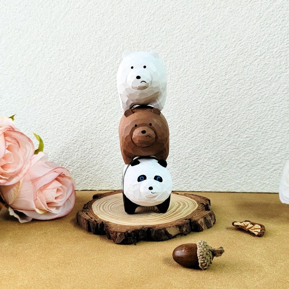 Bear Wooden Figurines, Funny Chubby Panda Figurine, Handcrafted Wooden Animal Figurines, Wooden Ornaments, Desk Decor, Animals Lovers Gift