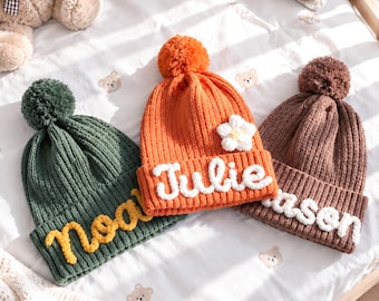 Custom Name Baby Beanie: 100% Cotton, Pom-Pom, Flower Embellishment (0-12 Months)