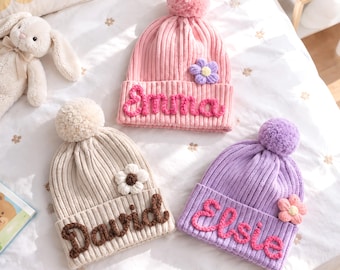 Custom Newborn Beanie: 100% Soft Cotton Baby Hat with Yarn Lettering, Personalized Baby Shower Gift, Infant Christmas Photo Prop