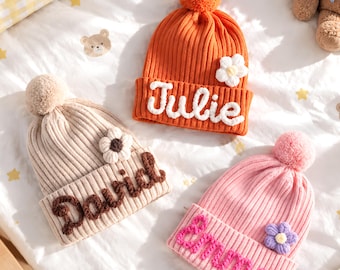 Custom Newborn Hat: Personalized Yarn Name Cotton Beanie, Soft Baby Beanie 0-12 Months, Hospital Outfit & Christmas Gift