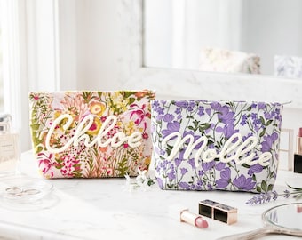 Personalisierte Blumen Make-up Tasche: Benutzerdefinierte Name Kosmetiktasche, Jubiläumsgeschenk