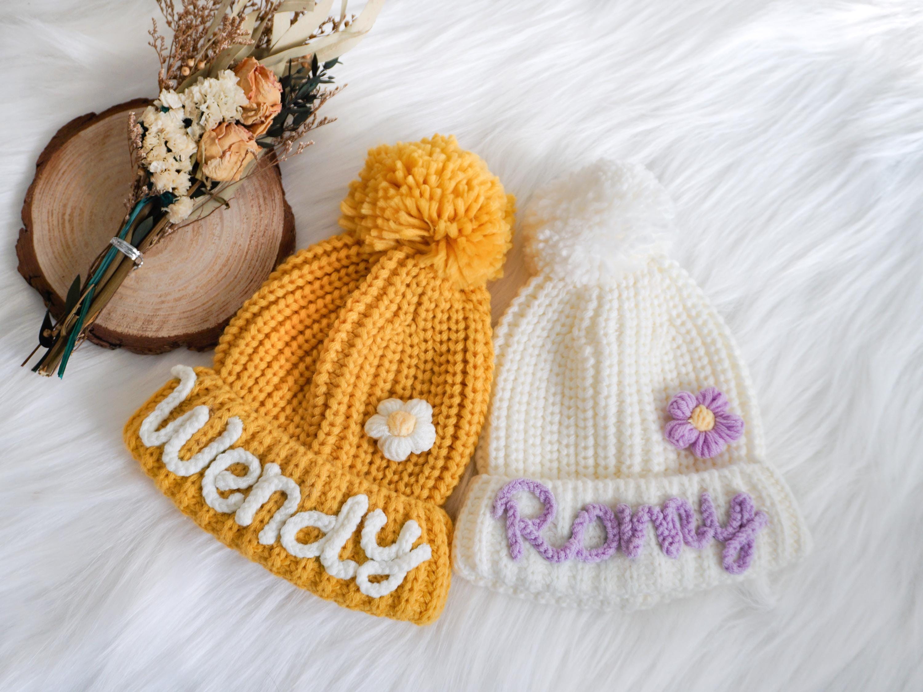 p잰Love Flower piercing beanie Embroidered Kids Beanie With Name & Pompom| Winter Hat for