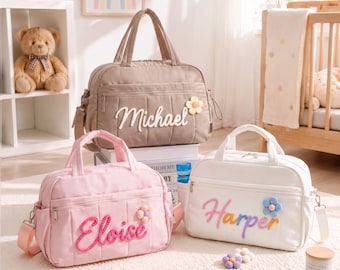 Personalized Diaper Bag: Large Quilted Nylon Travel Maternity Bag, Baby Shower Gift, Multi-Pocket Organizer