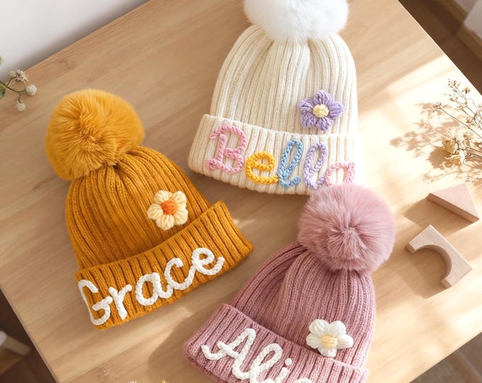 Personalized Kids Knit Beanie: Toddler to Adult Sizes, Detachable Pom