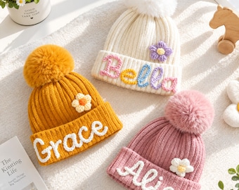 Personalized Kids Knit Beanie: Toddler to Adult Sizes, Detachable Pom