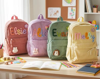 Custom Name School Bag: Personalized Corduroy Kids Backpack Set