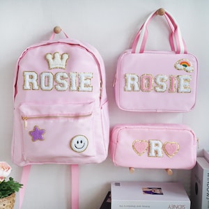 Ensemble de sac à dos avec lettre cousue, cadeaux de Noël pour fille, sac à dos en nylon avec écusson, ensemble de cartable pour enfants, cadeau pour 3 4 5 6 7 8 9 ans, fille/garçon