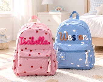 Custom Kids Backpack Christmas Gift, Personalized Nursery Bag with Fluffy Yarn Name, Corduroy Toddler Bookbag, Holiday Xmas Gift