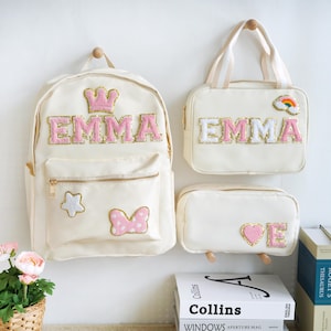 Ensemble de sac à dos avec écussons cousus, Sac à dos personnalisé en nylon avec écusson, Cartable personnalisé avec lettre en chenille pour enfants, Rentrée scolaire, Cadeaux de Noël