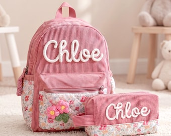 Custom Name Preschool School Bag Set :Floral Corduroy Toddler Backpack & Pencil Case ,Kindergarten Gifts