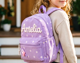 Custom Christmas Gift for Toddler, Personalized Kids Backpack with Fluffy Yarn Name, Corduroy Preschool Bookbag, Xmas Present Girl