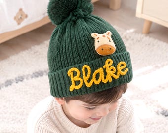 Personalized Family Winter Beanie: Custom Yarn Lettering, Detachable Pom Pom (Baby to Adult)