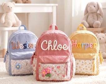 Personalized Preschool Backpack, Corduroy Toddler Bag, Floral Backpack for Girls, Back to School Gift