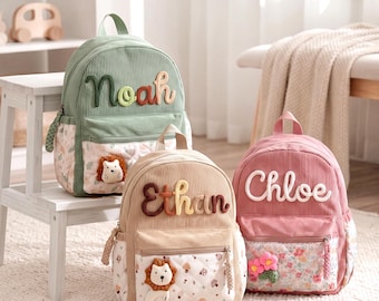 Personalized Kids Backpack, Custom Name Toddler Backpack, Corduroy Preschool Bag, Floral School Backpack, Birthday Gift for Girl