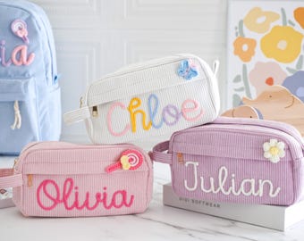 Personalized Corduroy Makeup Bag: Custom Yarn Name, Crochet Flower Detail