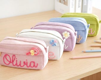 Estuche para lápices de pana personalizado: Bolsa para lápices con nombre bordado, regalos para la vuelta al cole.