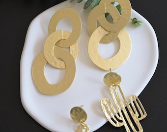 Golden Cactus Hoop Earrings: Metal Knot Dangle Statement Jewelry