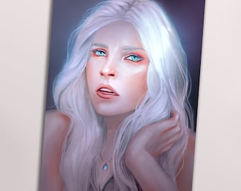 May include: A portrait of a woman with long, white hair. She is wearing a necklace with a blue pendant. Her eyes are blue and she has a soft, natural look.