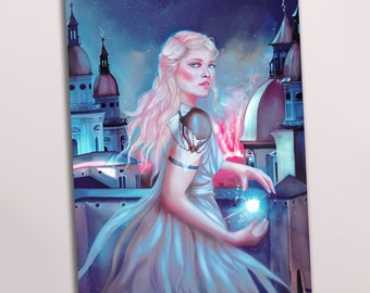 May include: A woman with long blonde hair stands on a rooftop overlooking a city at night. She is wearing a white dress and holding a glowing orb in her hand. The city is lit up with twinkling lights and the sky is filled with stars.