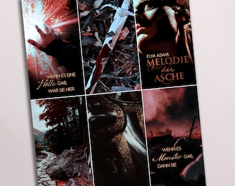 May include: A collage of images with a dark, moody aesthetic. The images include a sword, a forest path, a helmet, and a person's face. The text "WENN ES EINE Hölle GAB, WAR SIE HIER" and "WENN ES Monster GAB, DANN SIE" is visible in the collage. The title "ELYA ADAIR MELODIE der ASCHE" and the author's name "LAUDAN CALIERI" are also visible.