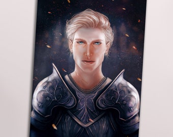 May include: A portrait of a young man with blond hair and blue eyes, wearing silver armor with intricate designs. The background is dark with a subtle sparkle effect.