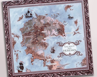 May include: A hand-painted map of the fictional land of Heressia, framed in a brown ornate frame. The map shows various islands and landmasses with names like Raskavenna, Aerethar, and Vin Astera. The text "Das Reich der Heressia" is written in a decorative font.