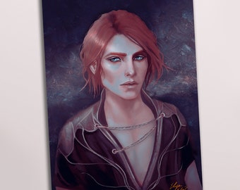 May include: A portrait of a person with red hair and blue eyes, wearing a dark brown shirt with a rope-like detail across the chest. The background is a dark blue with a textured, cloudy effect.