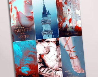 May include: A collage of images with a fantasy theme. The images include a woman's face, a castle, a knight's armor, a red and blue sky, and a pair of hands tied with red ribbon. The text in the image reads "Elya Adair Melodie der Asche", "Yria Daurell", "Finde Calyian", and "Er ist dein Schicksal".