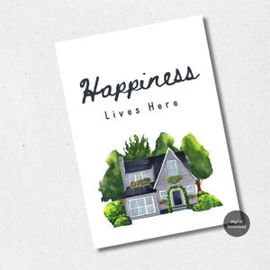 Félicitations pour votre nouvelle carte de maison Modèle de carte de cadeau de pendaison de crémaillère cool Le bonheur vit ici Jolie carte imprimable Carte à imprimer DIY