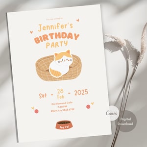 Brown Cat Birthday Invitation Card Template Party Digital Invite Kitty Birthday Editable Girl Invitation Card Design Cat Invitation Template