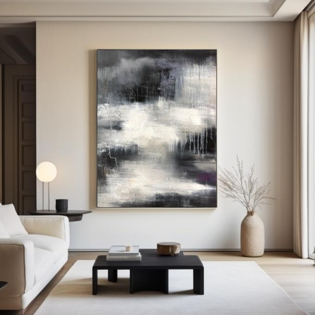 Large Black and White Abstract Oil Painting Modern Black Textured Wall ...