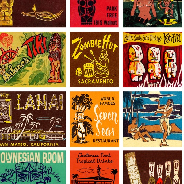 TIKI ROOM - Digital Printable Collage Sheet - Vintage Tiki Matchbook Covers, Polynesian Culture, Easter Island Statues, Digital Download