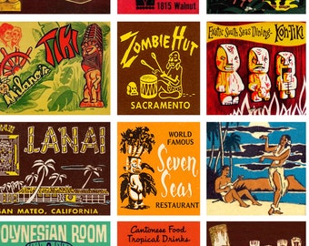 TIKI ROOM - Digital Printable Collage Sheet - Vintage Tiki Matchbook Covers, Polynesian Culture, Easter Island Statues, Digital Download