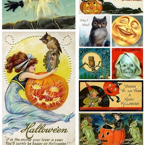HALLOW&#39;S EVE - Digital Printable Collage Sheet - Vintage Halloween Pumpkins, Jack-o-Lanterns, Witches, Owls, Black Cats, Digital Download