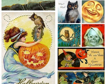 VÍSPERA DE HALLOWEEN - Lámina de collage digital imprimible - Calabazas vintage de Halloween, linternas de calabaza, brujas, búhos, gatos negros, descarga digital