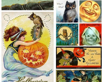 HALLOW'S EVE - Digital Printable Collage Sheet - Vintage Halloween Pumpkins, Jack-o-Lanterns, Witches, Owls, Black Cats, Digital Download