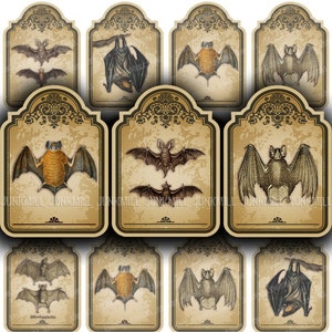 Chauves-souris victoriennes - feuille de collage numérique imprimable - Mini étiquettes volantes chauve-souris vampire, petites étiquettes d'Halloween en détresse vintage, téléchargement immédiat