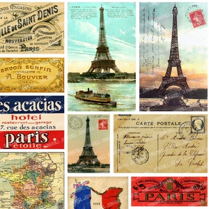 TRAVEL FRANCE - Digital Printable Collage Sheet - Vintage French Maps, Eiffel Tower Postcards & Parisian Luggage Tags, Instant Download