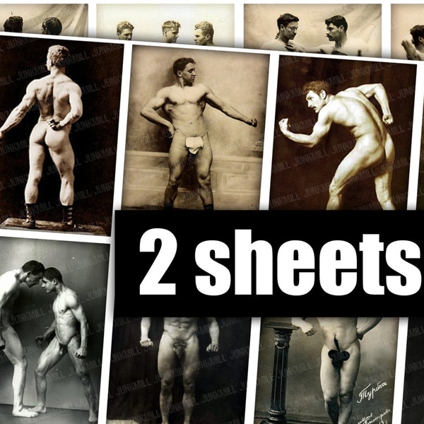 MALE NUDES - Digital Printable Collage Sheet - 2.5" x 3.5" ATC - Vintage Male Nudes, Carnival Strong Men, Mature Risque, Digital Download