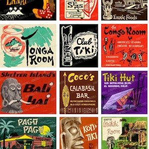 TIKI TIME - Digitaal afdrukbaar collageblad - Vintage Tiki Matchbook-omslagen, Polynesische cultuur, beelden van Paaseiland, digitale download