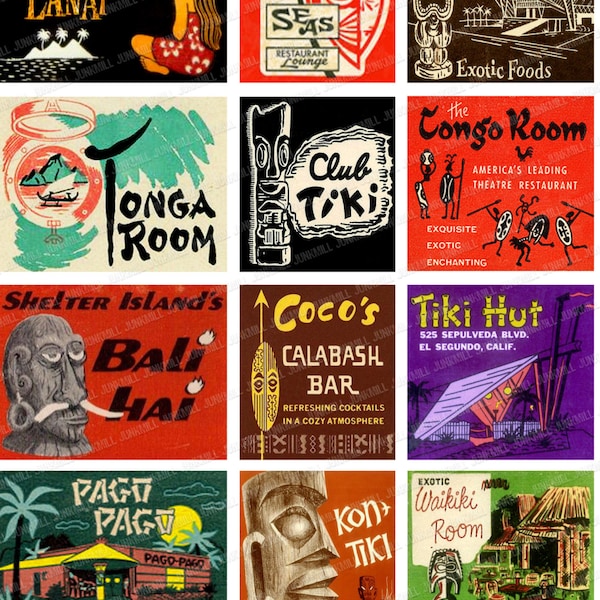 TIKI TIME - Digital Printable Collage Sheet - Vintage Tiki Matchbook Covers, Polynesian Culture, Easter Island Statues, Digital Download