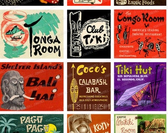 TIKI TIME - Digital Printable Collage Sheet - Vintage Tiki Matchbook Covers, Polynesian Culture, Easter Island Statues, Digital Download