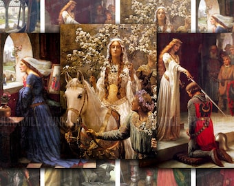 KING ARTHUR - Digital Printable Collage Sheet - Queen Guinevere, Sir Lancelot, Knights, Medieval Renaissance, Digital Download, 2.5" x 3.5"