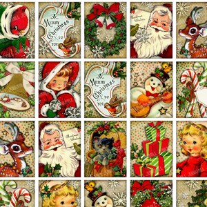 May include: A set of 16 vintage Christmas digital paper squares featuring images of Santa Claus, reindeer, snowmen, angels, and other festive elements. The papers have a retro, nostalgic feel and are perfect for scrapbooking, card making, and other craft projects.