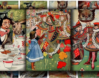 LOOKING GLASS - Digital Printable Collage Sheet - Alice in Wonderland, Mad Hatter Tea Party, Cheshire Cat, Queen of Hearts, Digital Download
