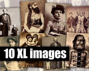 HUMAN ODDITIES - 10 Large Digital Printable Images - Vintage Circus Freakshow, Sideshow Performers, Freaks & Geeks, 8.5 x 11 Instant Art