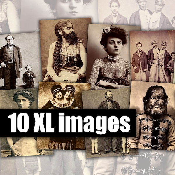 HUMAN ODDITIES - 10 Large Digital Printable Images - Vintage Circus Freakshow, Sideshow Performers, Freaks & Geeks, 8.5 x 11 Instant Art