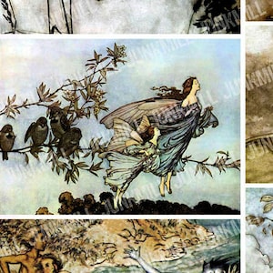 May include: A collage of ten vintage illustrations featuring fairies, nymphs, and other mythical creatures in various settings. The illustrations are in a whimsical style with delicate lines and soft colors.
